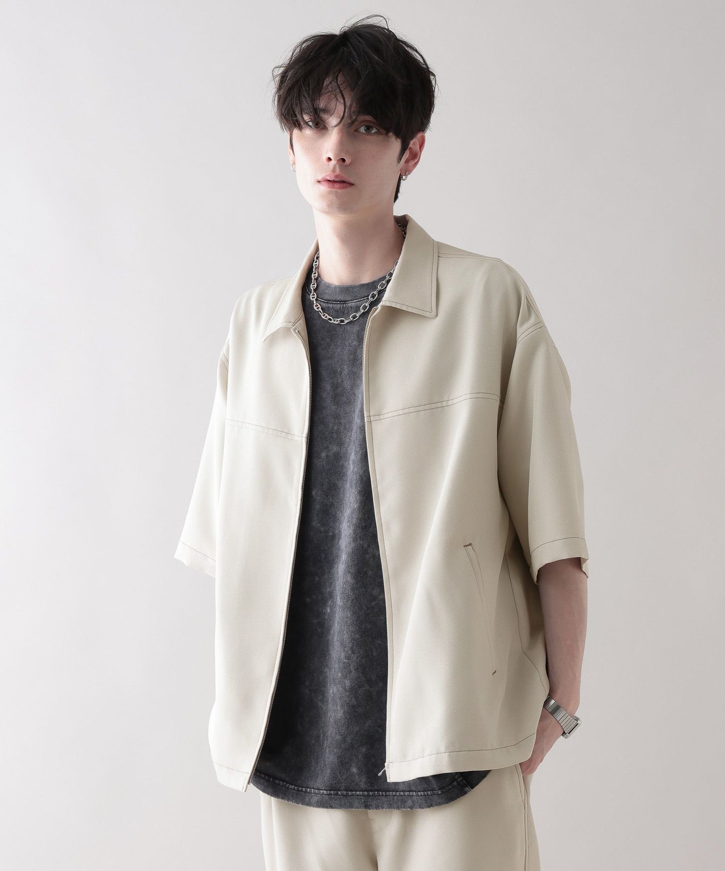 【RAGEBLUE】 雙色縫線Oversize寬版短袖拉鍊襯衫