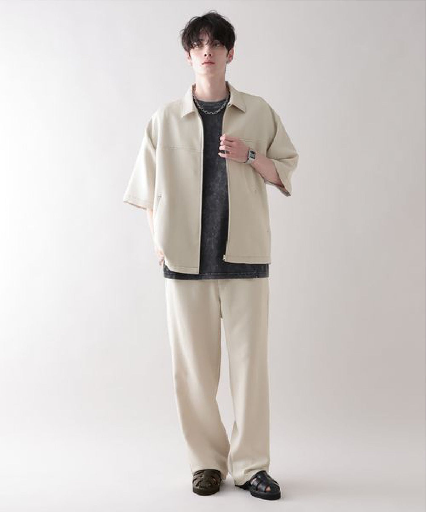 【RAGEBLUE】 雙色縫線Oversize寬版短袖拉鍊襯衫