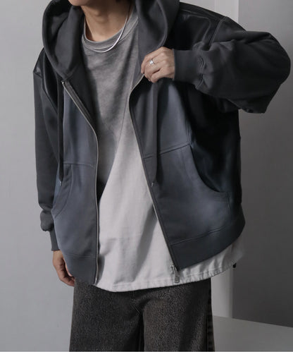 【Art re A】welise 質感仿舊加工PU皮革拼接連帽外套 日本預購