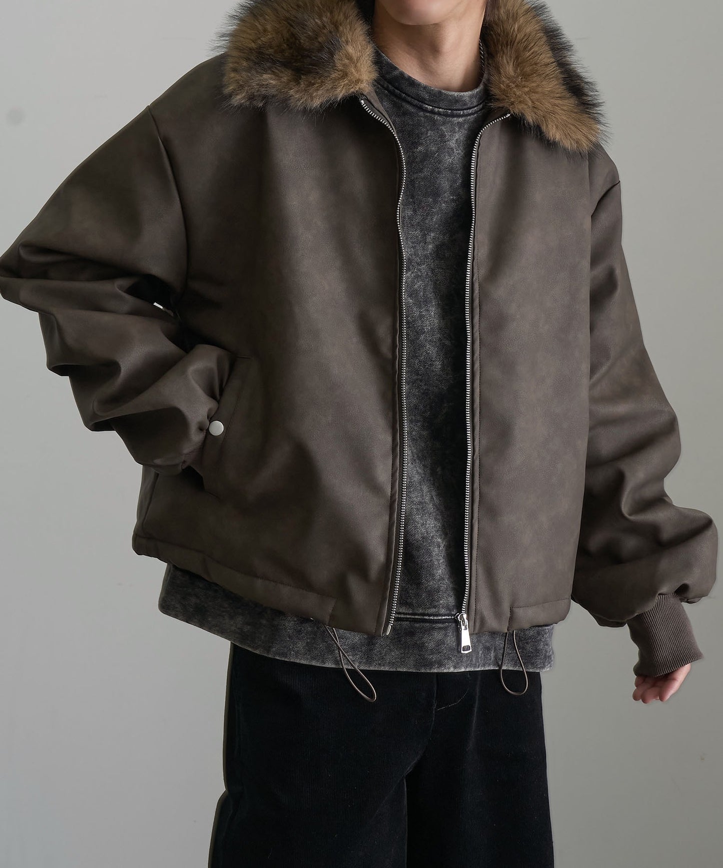 【Art re A】welise 質感PU皮革x可拆式毛領飛行外套