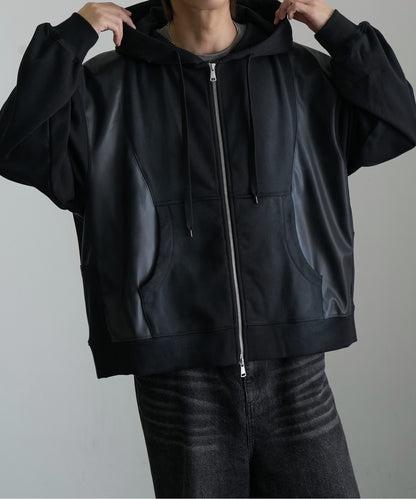 【Art re A】welise 質感仿舊加工PU皮革拼接連帽外套 日本預購