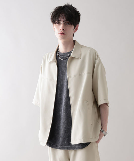 【RAGEBLUE】 雙色縫線Oversize寬版短袖拉鍊襯衫