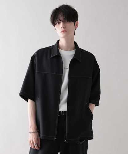 【RAGEBLUE】 雙色縫線Oversize寬版短袖拉鍊襯衫