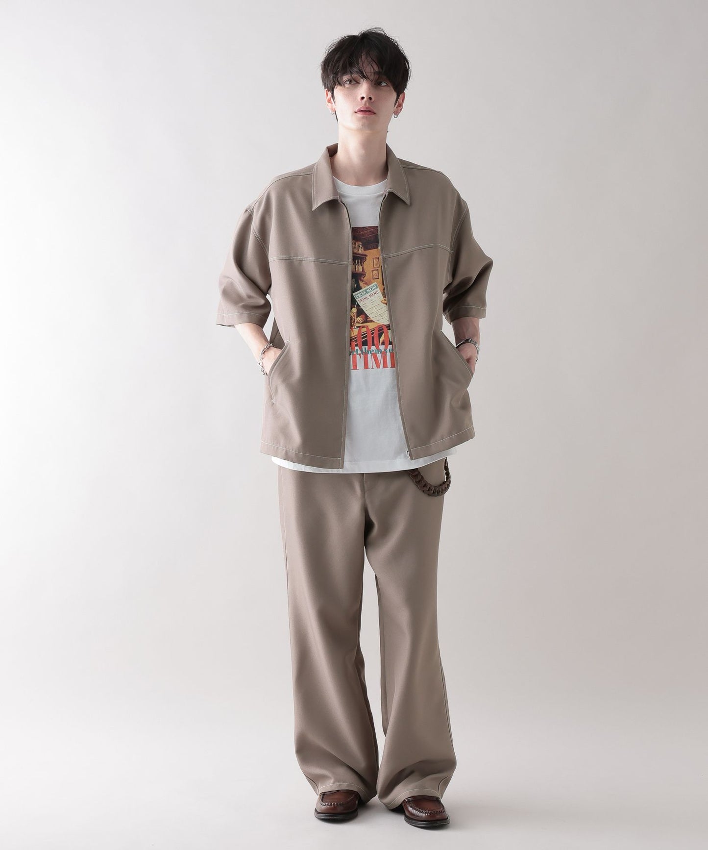 【RAGEBLUE】 雙色縫線Oversize寬版短袖拉鍊襯衫