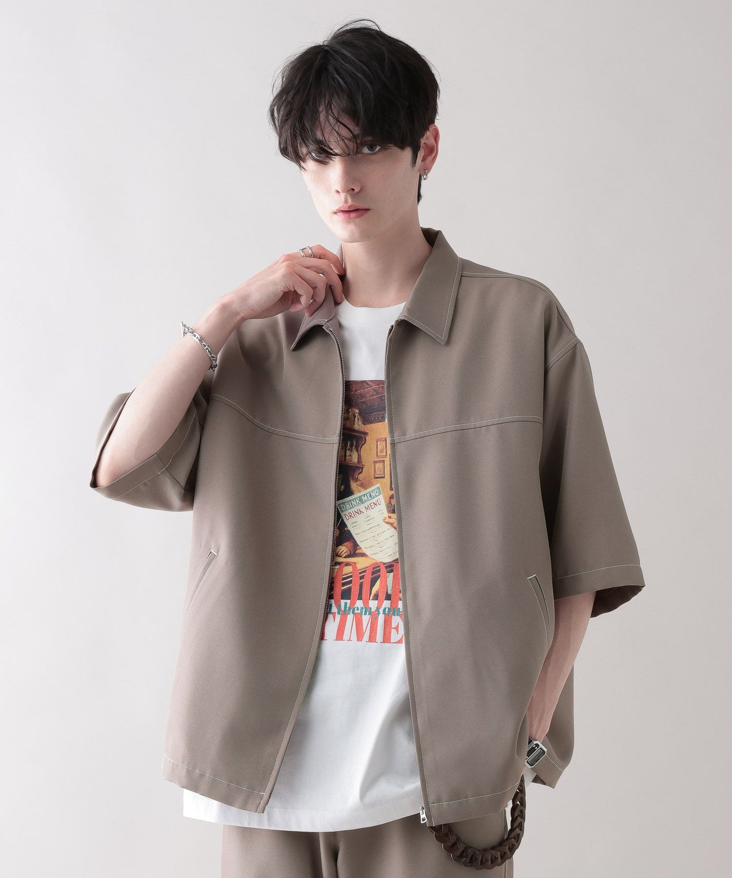 【RAGEBLUE】 雙色縫線Oversize寬版短袖拉鍊襯衫