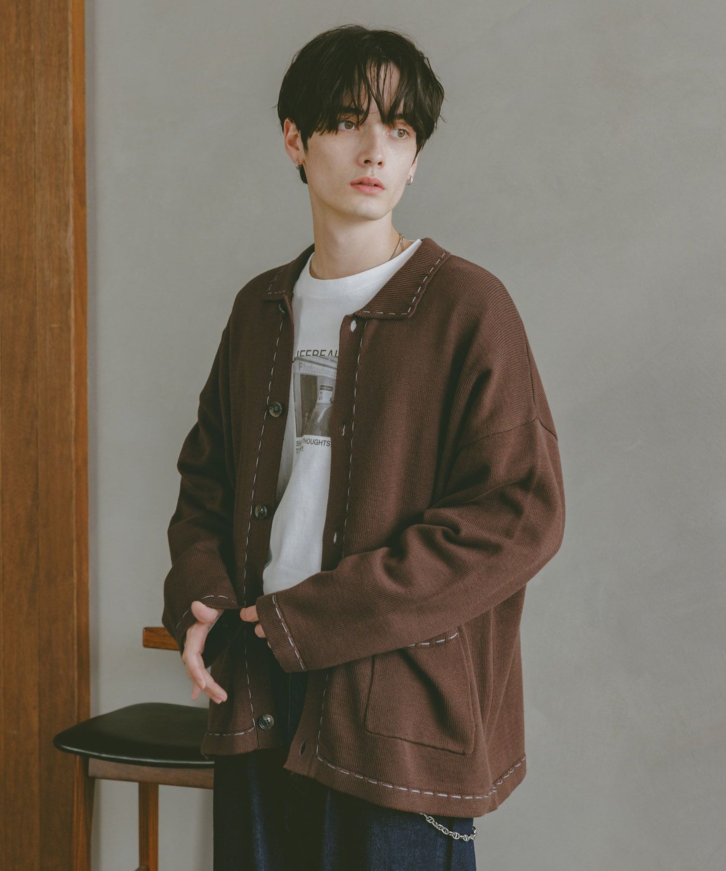 【RAGEBLUE】 時尚簡約雙色縫線開襟衫