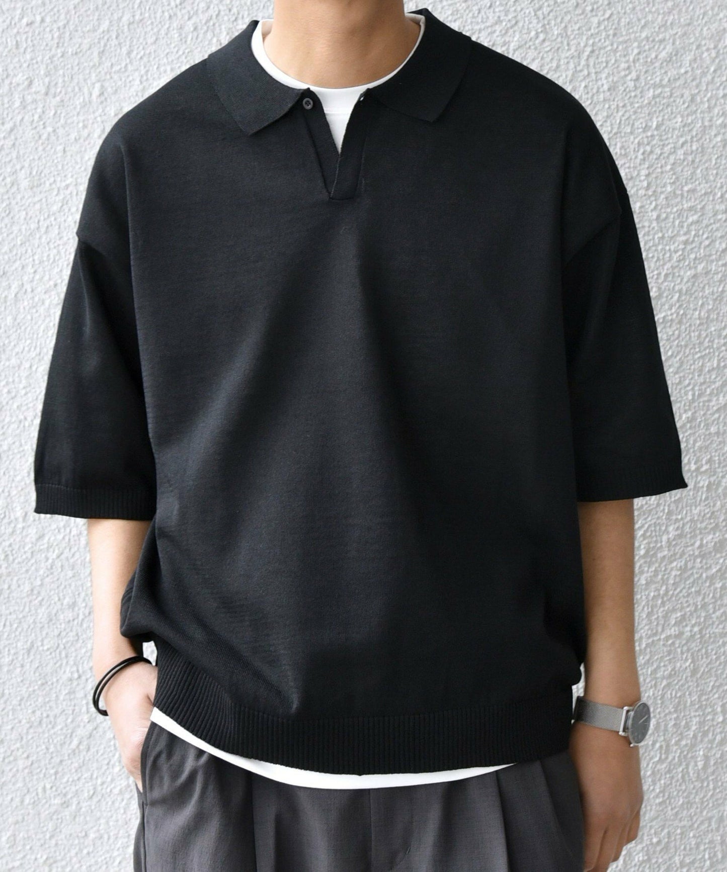 【SHIPS】亞麻混紡細針織開領 Polo 衫