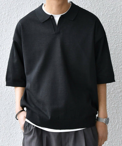 【SHIPS】亞麻混紡細針織開領 Polo 衫