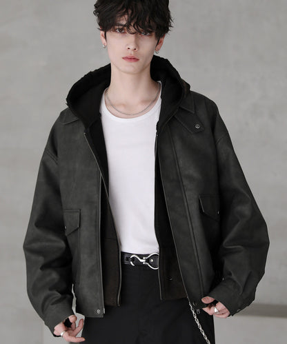 【ASTRONOMY】復古仿舊PU皮革短版飛行外套