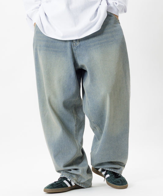 【FREAK’S STORE】水洗寬版桶型剪裁丹寧長褲 寬褲