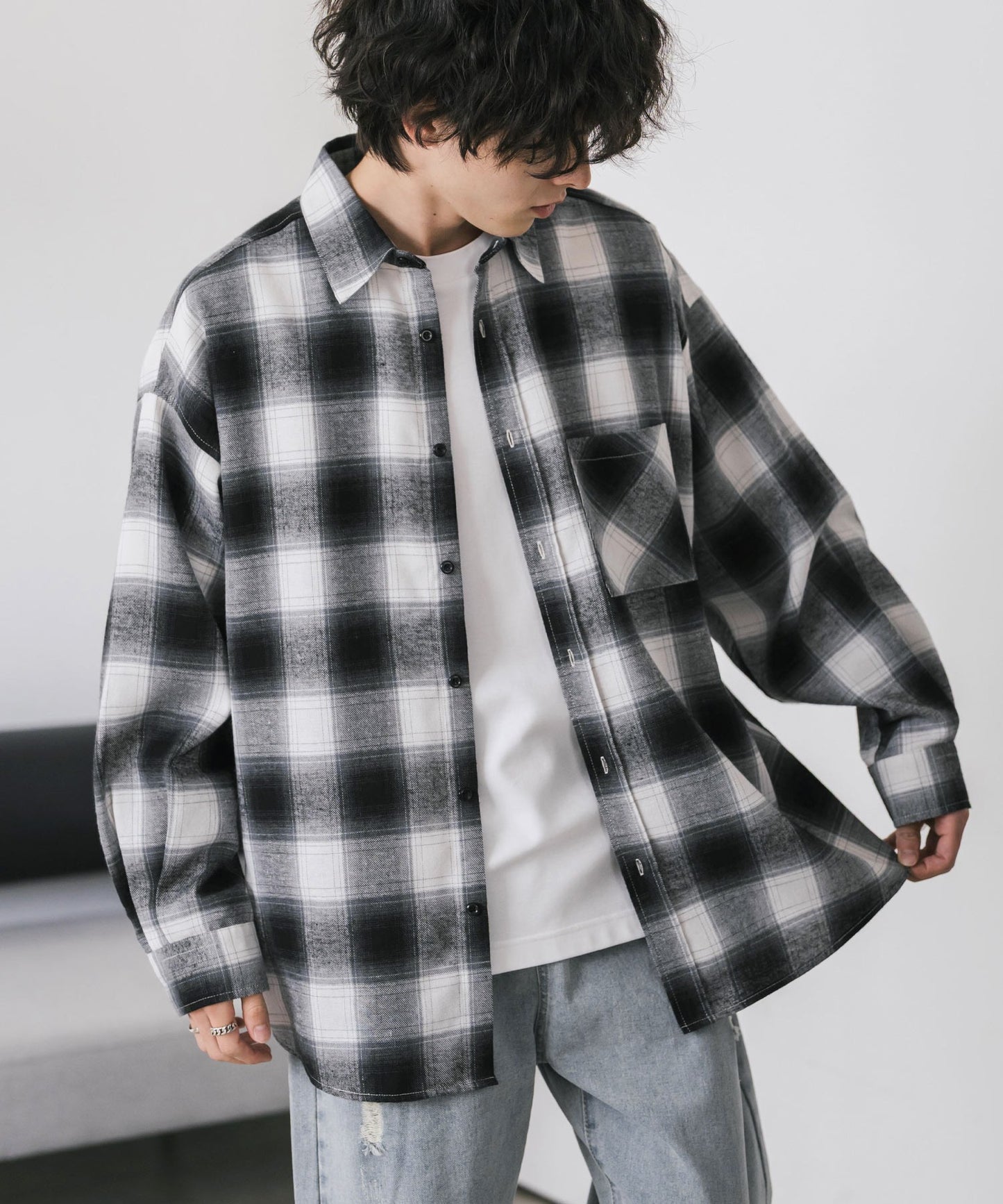 【Rocky Monroe】寬鬆版法蘭絨格紋襯衫